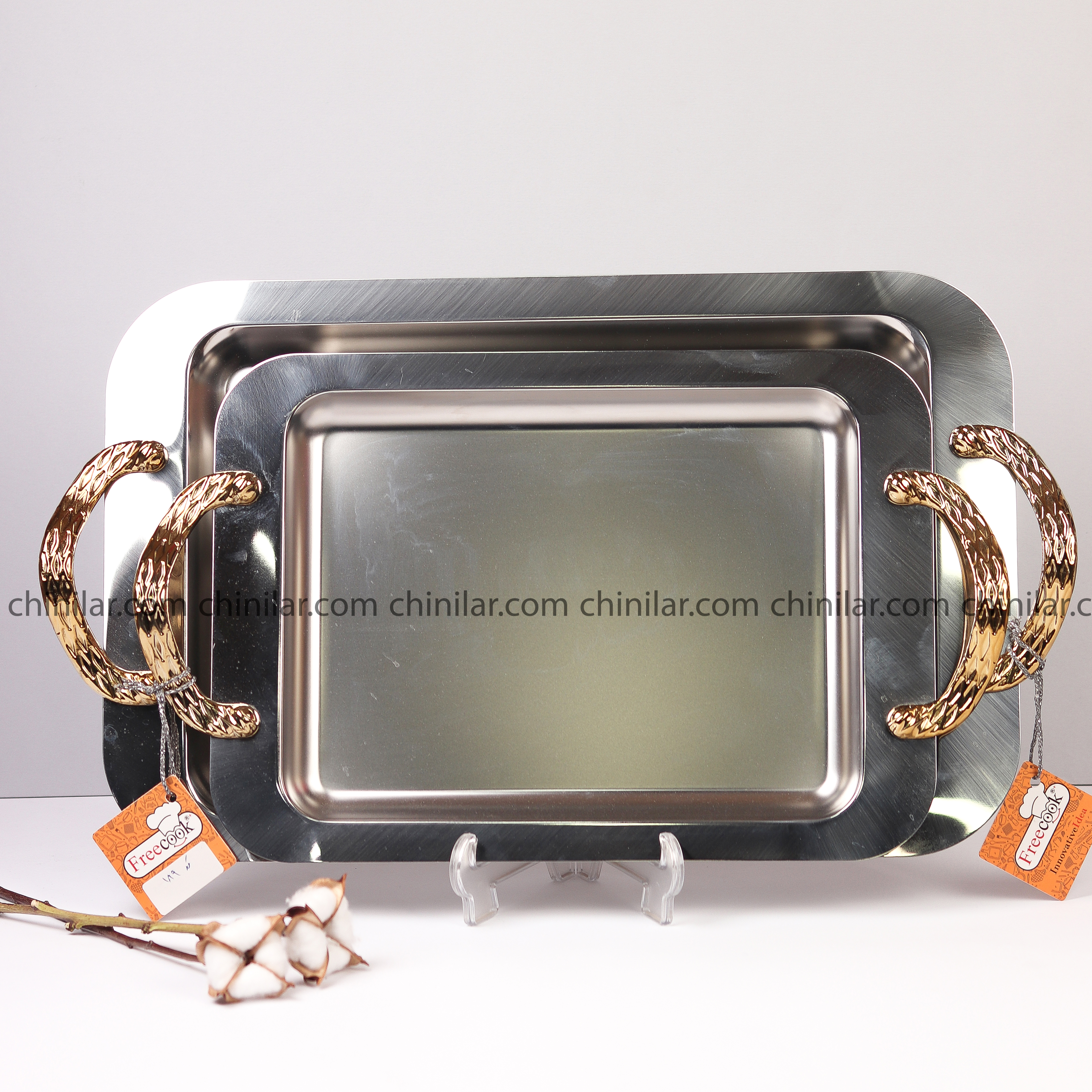سینی استیل مستطیل دوتایی فری کوک کد 189 دسته طلایی