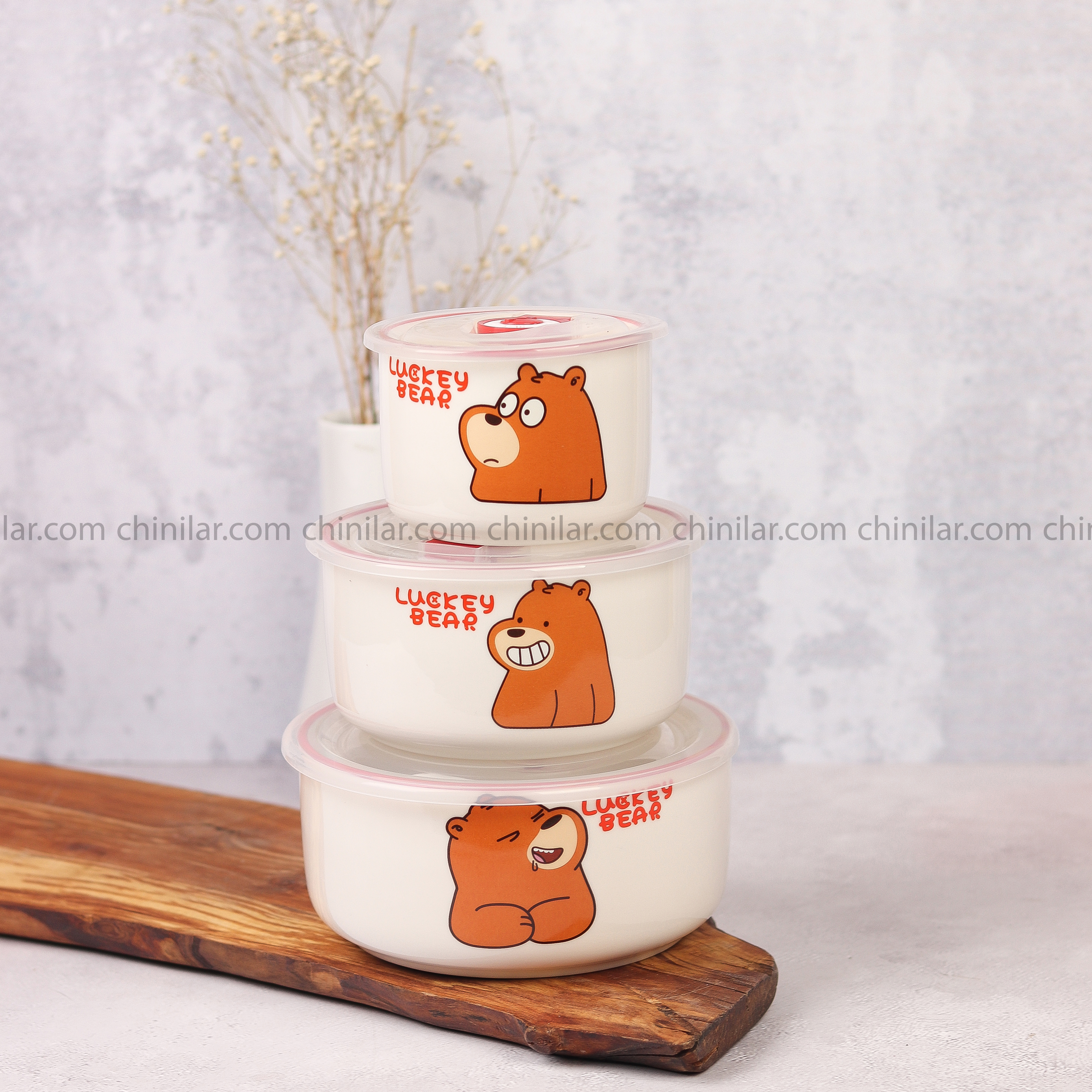 ست ظرف نگهدارنده غذا 3 تایی طرح لاکی بییر لب قرمز