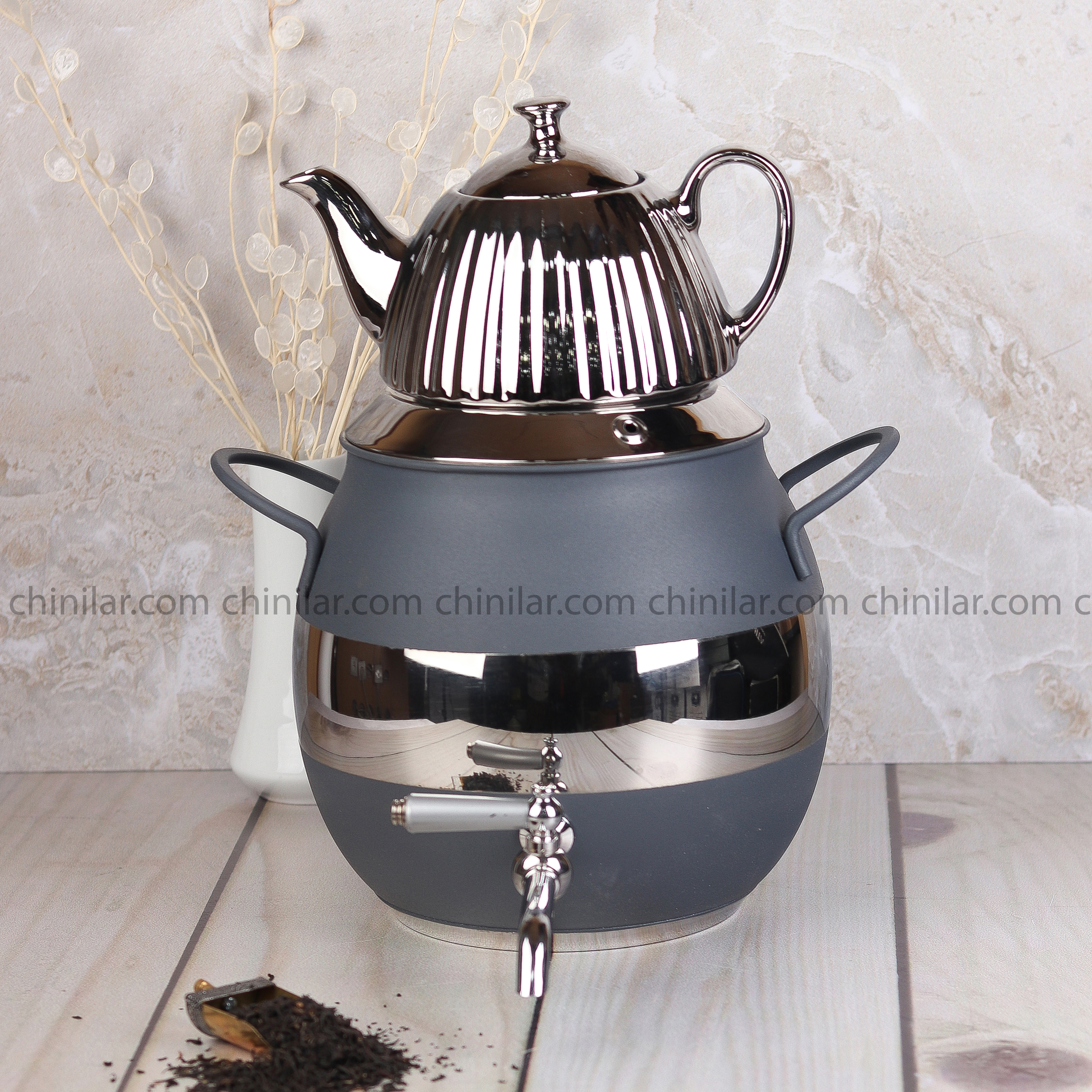 کتری و قوری استیل توپی خط نقره ای تیتیل