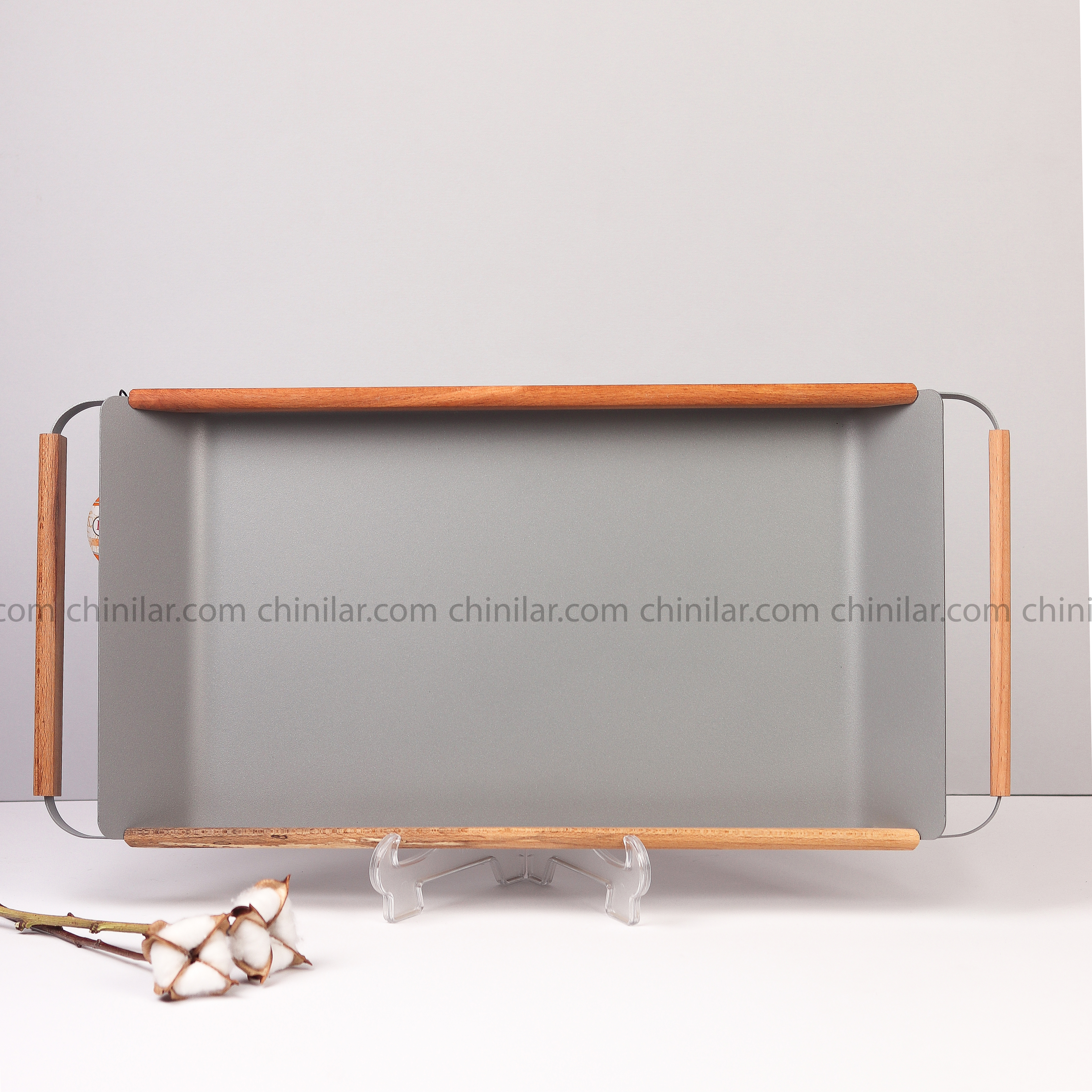 سینی ونیس مستطیل فری کوک سایز بزرگ رنگ طوسی دسته چوبی