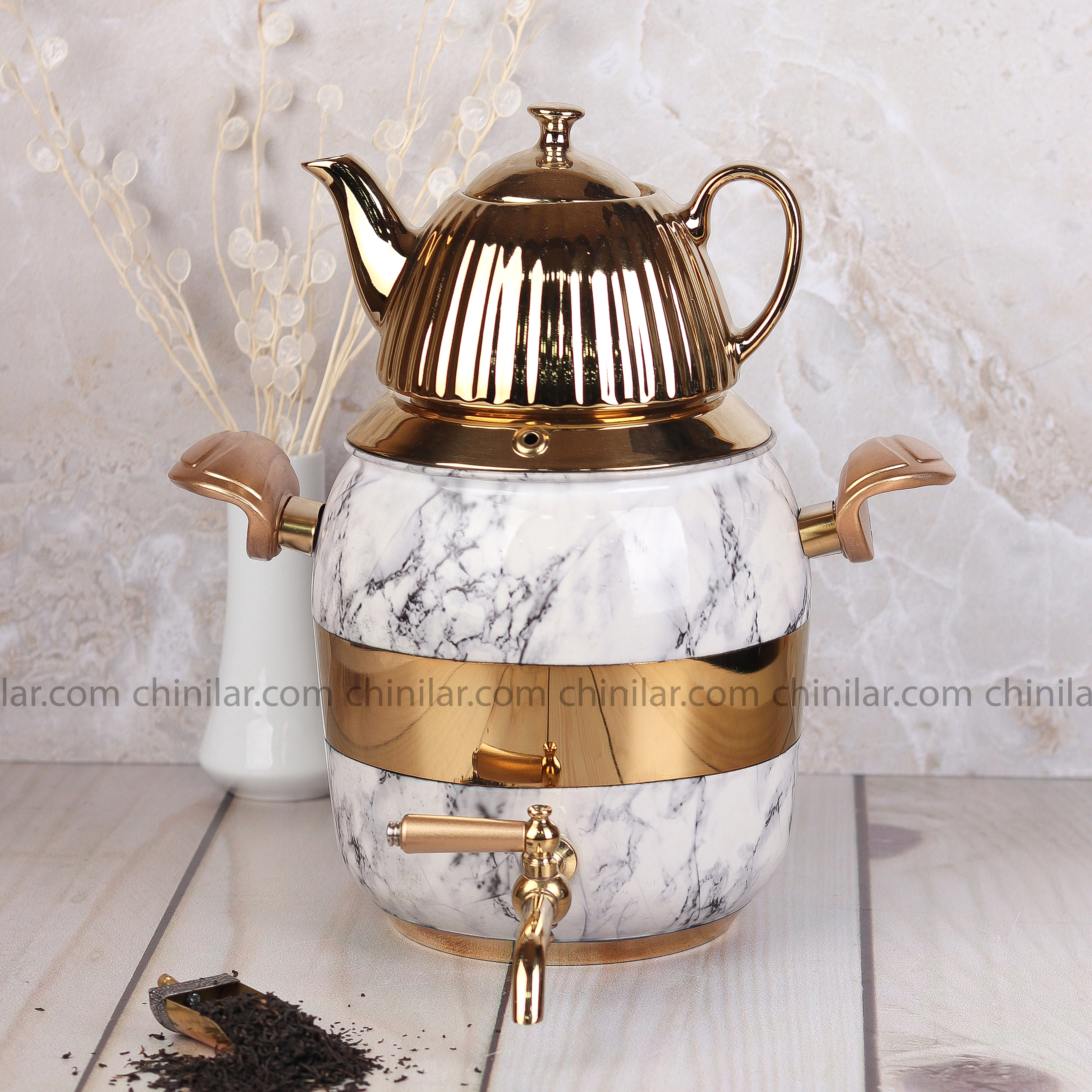 کتری و قوری استیل تیتیل مدل ترک سرامیک طلایی